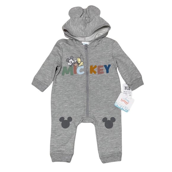 Disney Baby Other - Disney Baby Gray Mickey Mouse Hooded One-Piece Romper, Size: 3/6 months - New